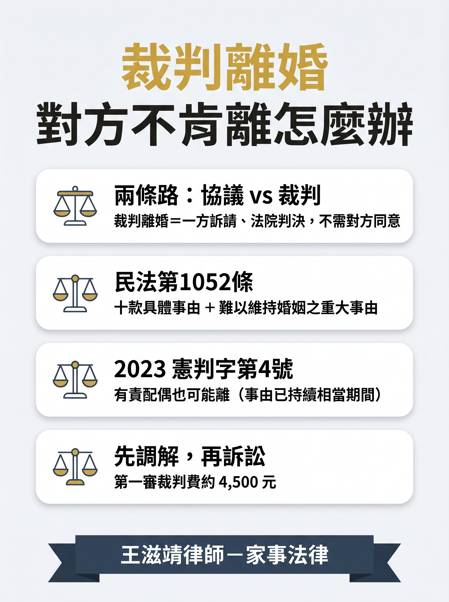 裁判離婚懶人包-王滋靖律師解析民法1052條訴請離婚條件與對方不肯離婚怎麼辦